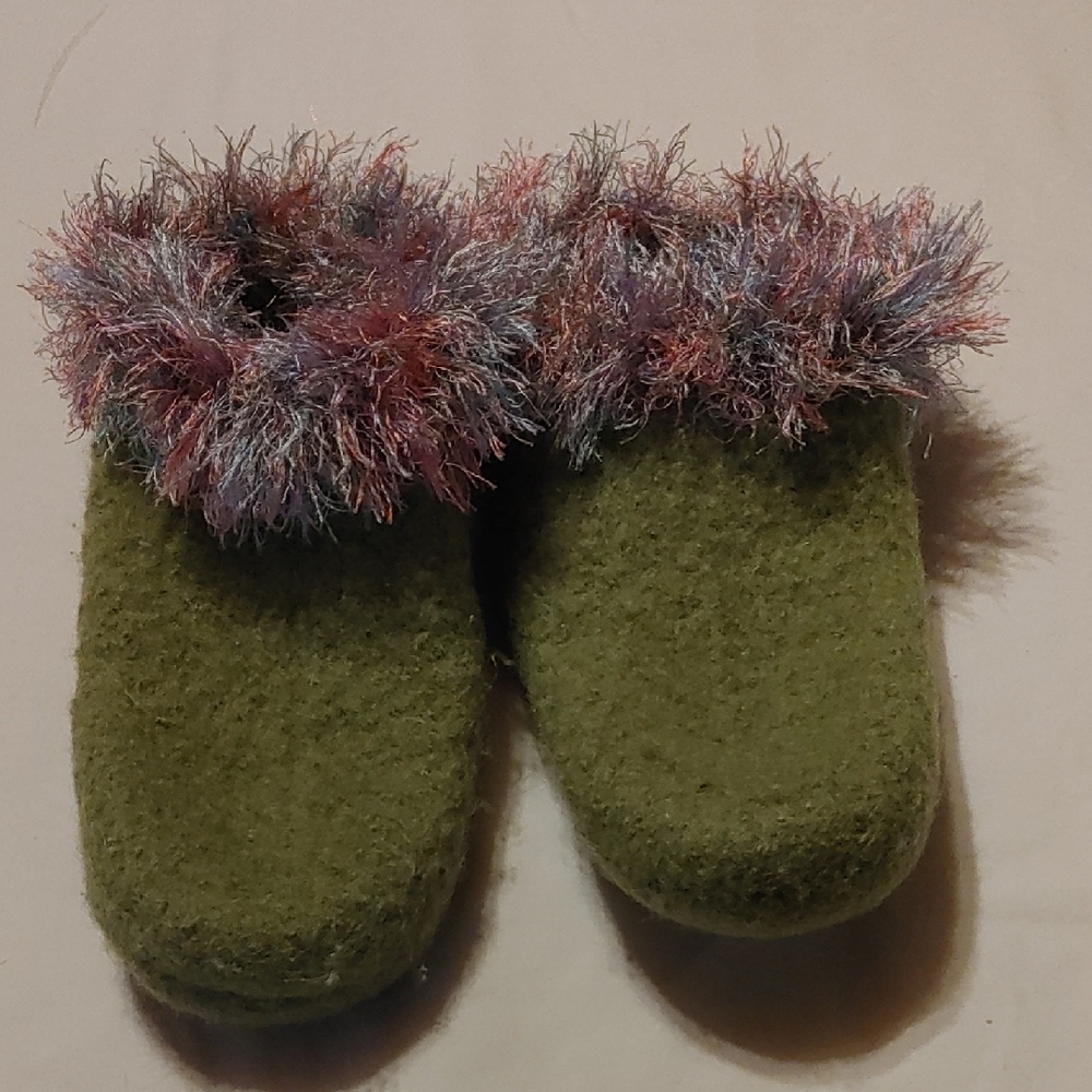 Fuzzy Green Slippers with Colorful Fur